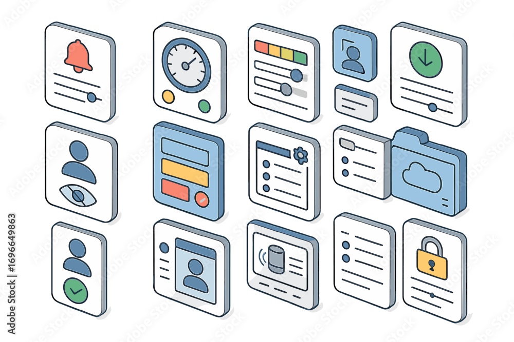 Poster technology, software 3d icon set. digital, data, security, cloud computing collection