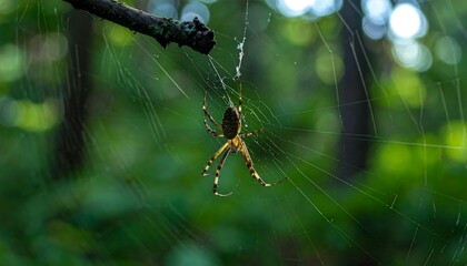 A beautiful spider with intricate markings rests on its web within a lush green forest setting.