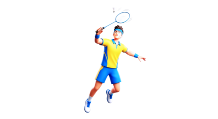 3d cartoon badminton players dynamic serve effortless power, focused energy, upcoming victory, isolated on transparent background