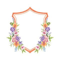 Decorative floral crest frame with vibrant watercolor flowers and green leaves, isolated on white background