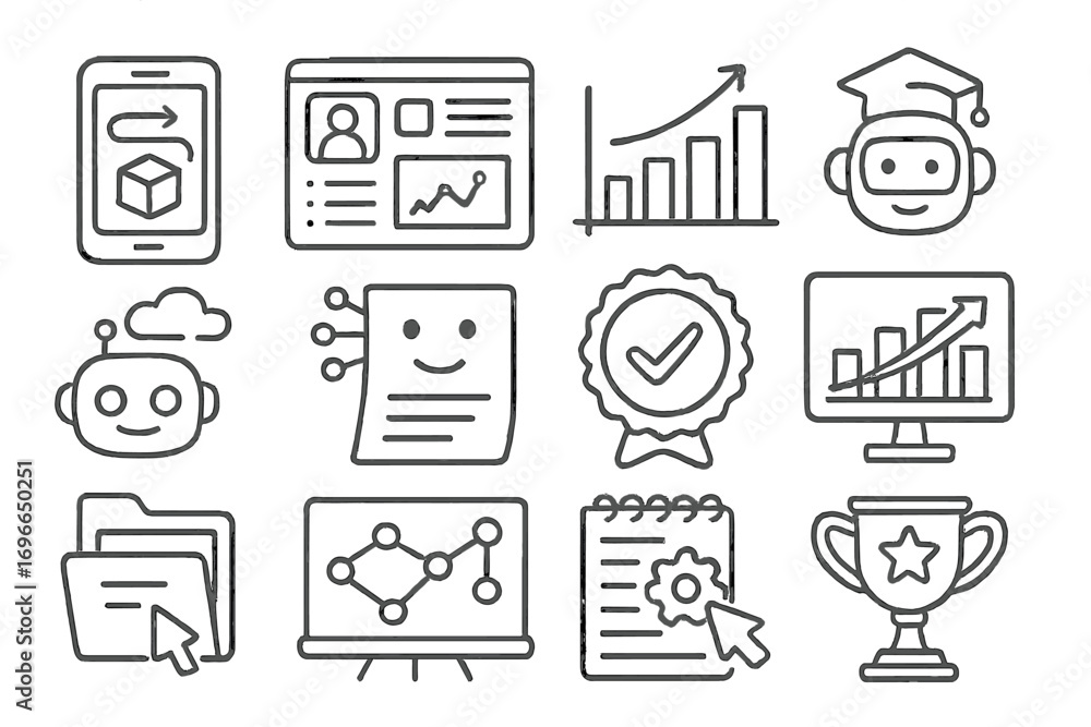 Poster artificial intelligence, machine learning outline icon set for digital projects