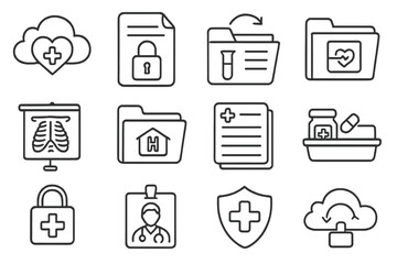 Healthcare data protection icon set. medical, security icons outline collection