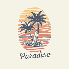 Paradise Nature sunshine palm tree surf board graphic vector