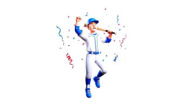 joyful cartoon baseball player celebratory jump, bat held high, confetti explosion, isolated on transparent background