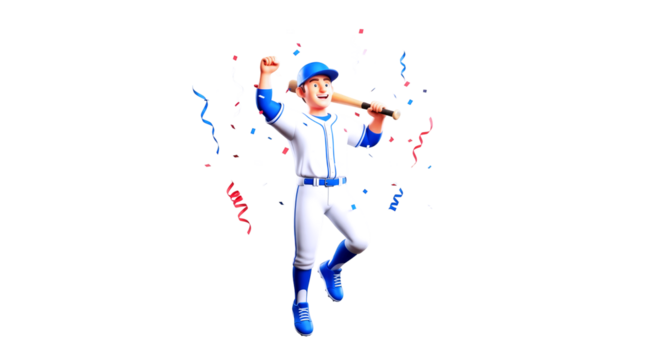 joyful cartoon baseball player celebratory jump, bat held high, confetti explosion, isolated on transparent background - Powered by Adobe