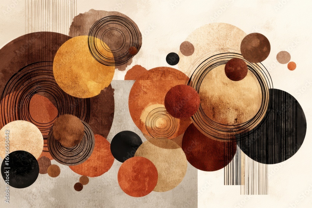 Poster abstract minimalist art with overlapping circles in earthy tones and textures