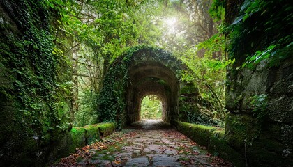 mysterious ancient archway overgrown with moss vines and lush vegetation evoking a sense of the passage of time in a captivating atmospheric forest landscape