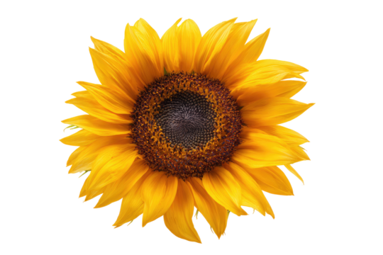 Close-up of a vibrant sunflower, radiating golden yellow petals,  surrounding a dark brown disc center - Powered by Adobe