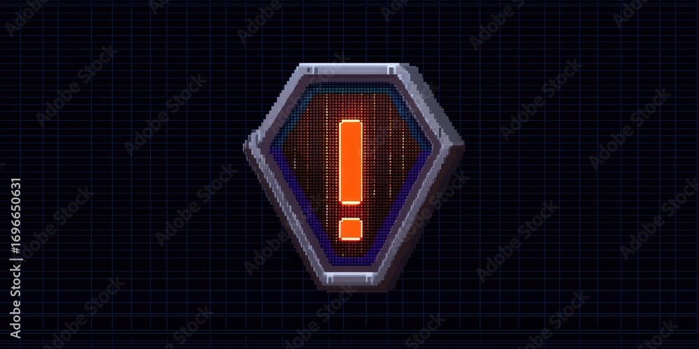 Poster retro pixel alert concept. warning symbol on a grid background with a hexagonal shape.