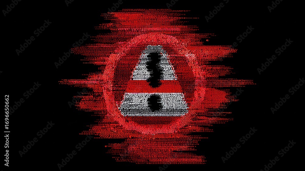 Poster retro pixel alert concept. digital representation of a warning symbol on a distorted background.