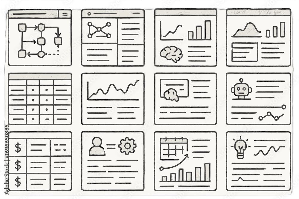 Poster data analysis outline icon set. charts, graphs, and insights line style collection