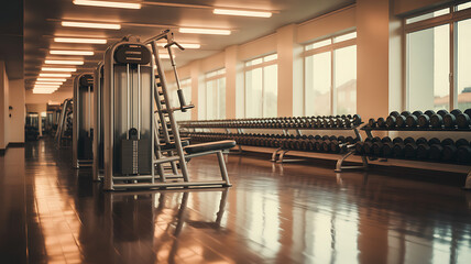 Modern gym interior with weight machines and dumbbells