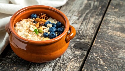 A rustic earthenware bowl filled with wholesome oatmeal topped with blueberries, nuts, and spices, showcasing a healthy and delicious breakfast.