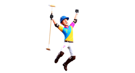 joyful cartoon polo player celebrates victory 3d animation asset, isolated on transparent background