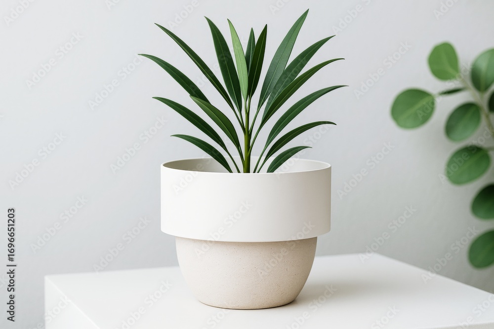 Poster minimalist plant pot mockup with green leaves on white clean surface and soft background for brandin