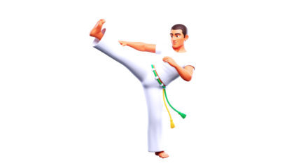 3d cartoon capoeira master dynamic spinning kick, brazilian martial art, agile power, isolated on transparent background