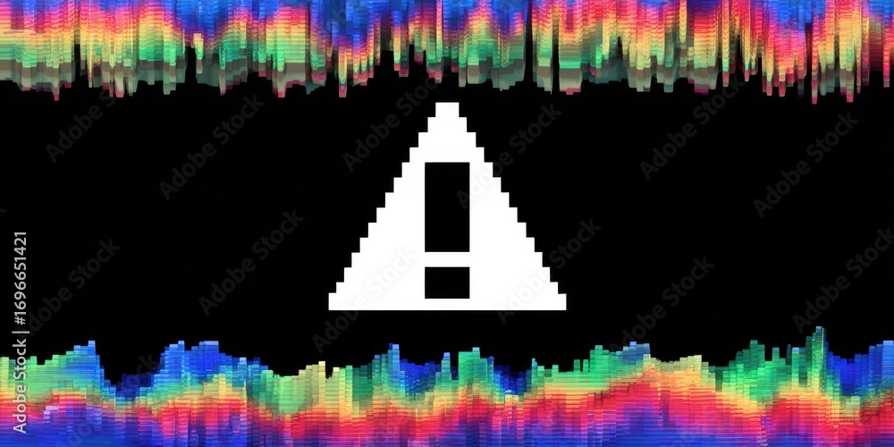 Poster retro pixel alert concept. warning sign with colorful digital distortion effects.