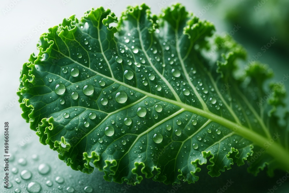 Poster close-up of fresh green kale leaf with water droplets on its textured surface in natural light on so