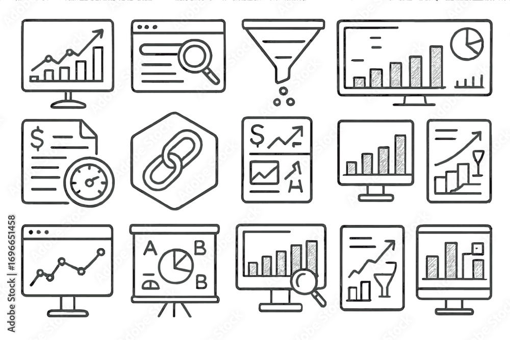 Poster business analytics line icon set. data visualization, metrics in outline collection