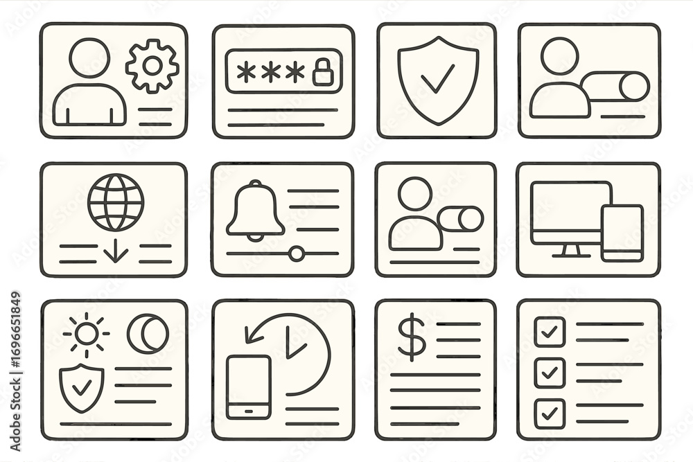 Poster profile and security icon set. linear style user and protection icons collection