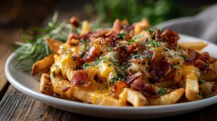 loaded cheese fries with bacon and herbs, shallow depth of field, white plate on wood