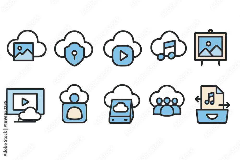 Poster cloud computing outline icon set. data storage, security, media streaming icons