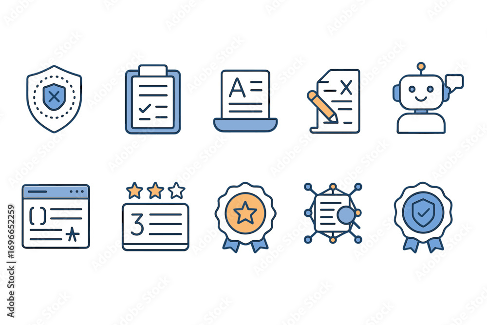 Poster security and document outline icon set. robot, badge, checklist icons collection