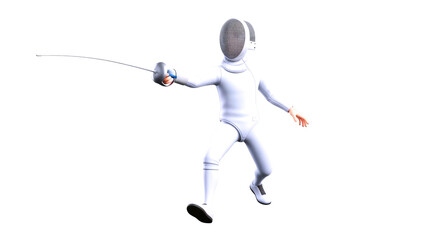 3d cartoon fencing champion dynamic foil action pose, athletic power, and grace, isolated on transparent background