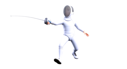 3d cartoon fencing champion dynamic foil action pose, athletic power, and grace, isolated on transparent background