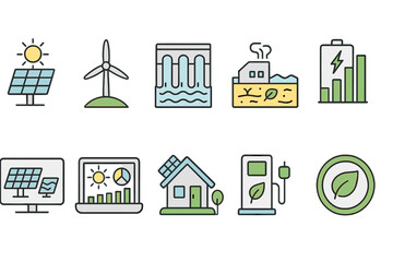Obraz premium Renewable energy icon set. flat solar, wind, hydro, battery icons collection