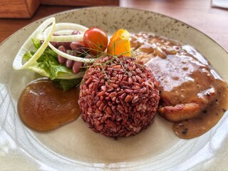 A gourmet meal plating featuring red rice, meat with brown sauce, and a side salad garnished with kidney beans, tomato, and an orange slice.