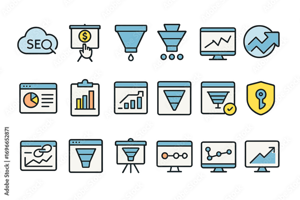 Poster marketing and analytics line icon set for data visualization and analysis