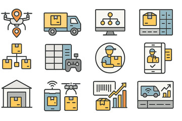 Logistics and delivery flat icon set. supply chain management icons collection