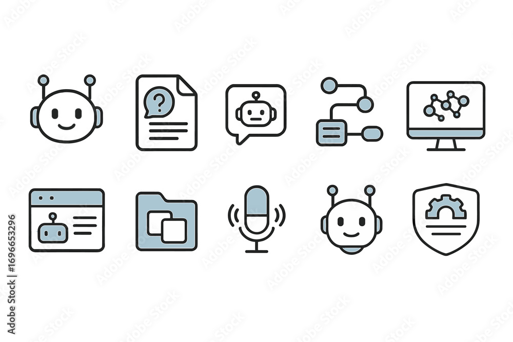 Poster ai and robotics outline icon set. technology, automation, machine learning collection
