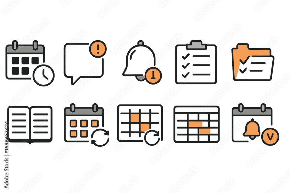 Poster calendar and notification icon set: versatile linear icons for organization