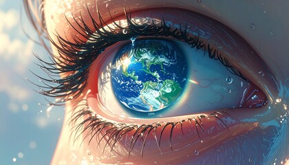Close-up of a human eye reflecting a water droplet and globe