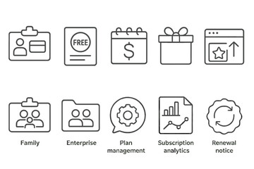 Finance, business outline icon set. management, plan, subscription icons collection