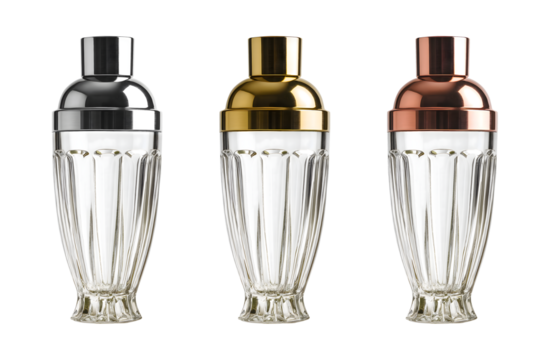 Glass cocktail shaker with color variations in silver, gold, and rose gold. Isolated on transparent background.
