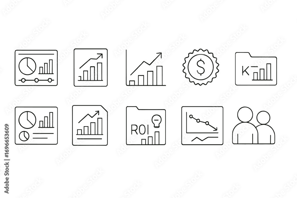 Poster business analytics line icon set. data analysis, insight collection with linear style