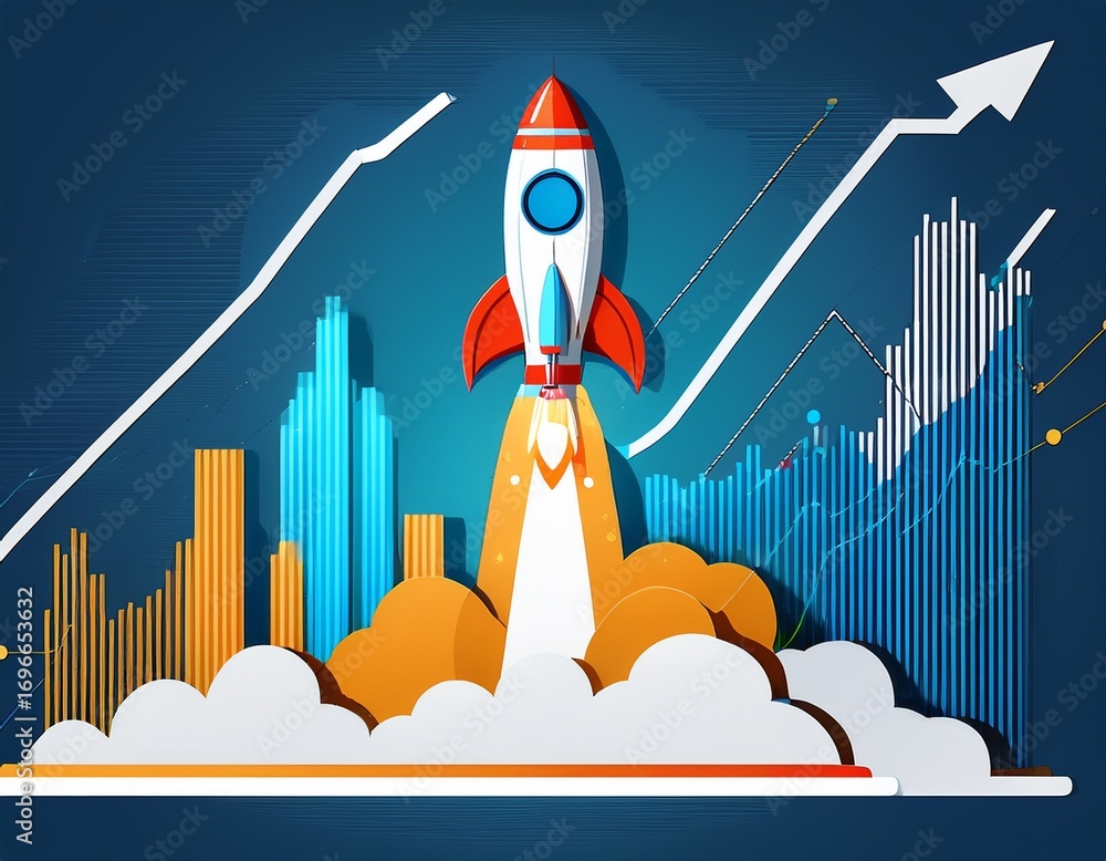 Aufkleber rocket blasting off from a launchpad amidst financial charts and graphs on a blue background startup