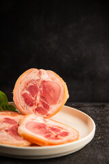 Ham hock with skin jambonneau cooked pork knuckle with rind tasty snack fresh delicious gourmet food background on the table rustic top view copy space