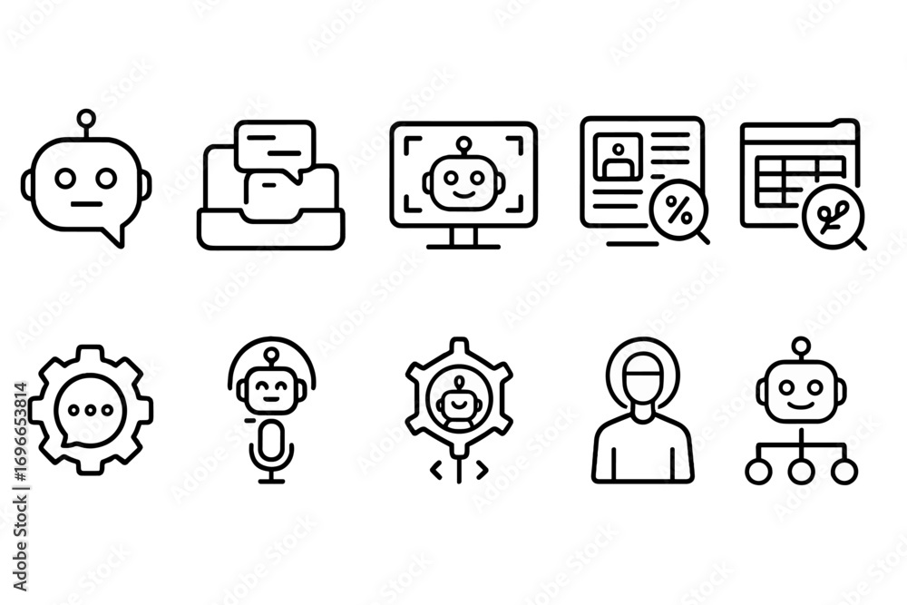 Fototapete ai technology outline icon set. robotics, automation, data processing line graphics