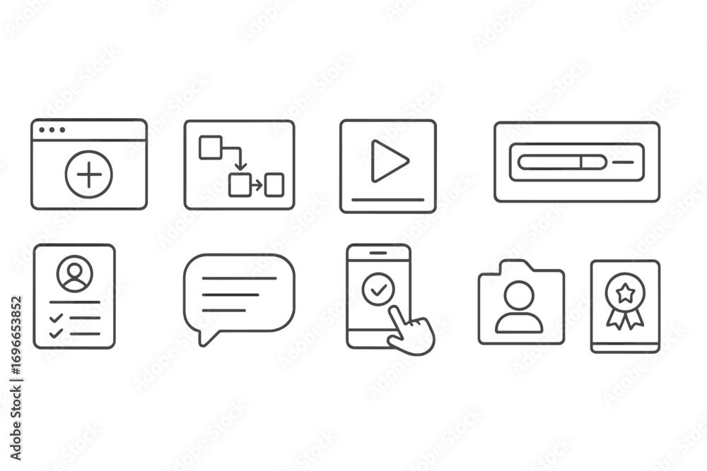 Poster web development line icon set. coding, design, interface, user, software icons collection