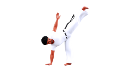 3d cartoon capoeira master dynamic leg sweep, agile movement, brazilian art, isolated on transparent background