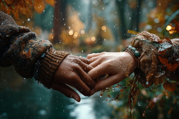 Romantic Couple Holding Hands in Rainy Autumn Forest