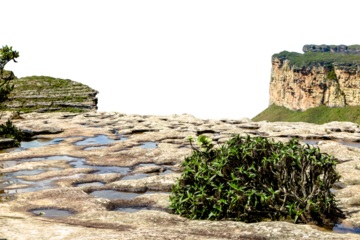 Imposing rock formation with a prominent plateau. Natural landscape of Chapada Diamantina, with caatinga and cerrado vegetation. Transparent background. Ideal for matte painting and conceptual art.