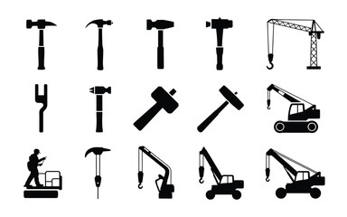 Obraz premium Vector art of construction equipment silhouettes, showcasing tools, cranes, and machinery for building and industrial projects