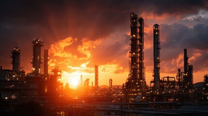 Obraz premium oil refinery at sunset with glowing stacks and pipes, warm orange light reflecting on metal, dramatic industrial beauty