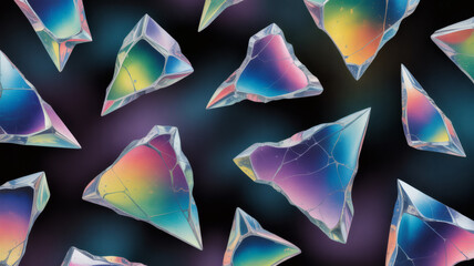 Abstract background of iridescent crystal shards floating in a dark space scene