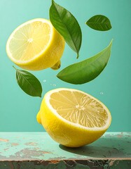 Two halves of a vibrant yellow lemon, surrounded by fresh green leaves, hover mid-air against a teal backdrop, showcasing the fruit's juicy essence and healthy vitality.